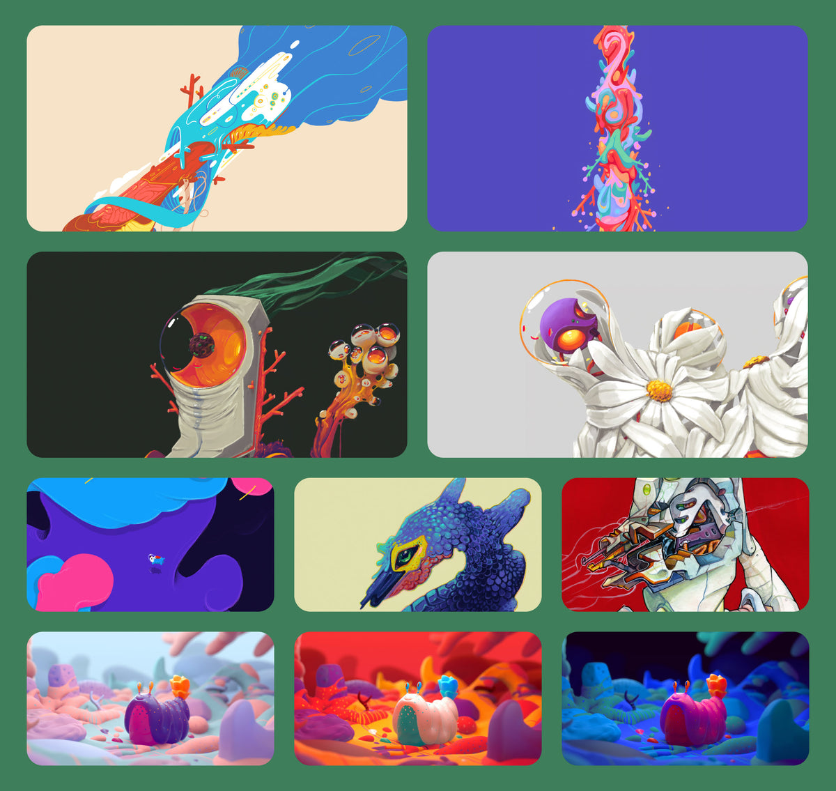 Preview grid of Organic Growth pack wallpapers, including Vessels, Dunnobot and three color versions of Afternoon Stroll.