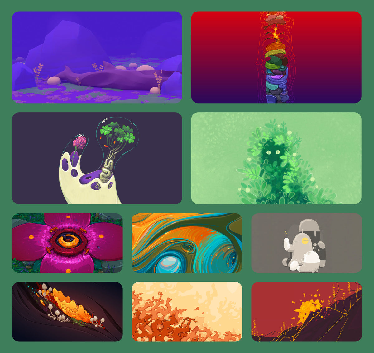 More Organic Growth wallpapers, including Totem and Watcher, a leafy green creature and swirling marbled shapes.
