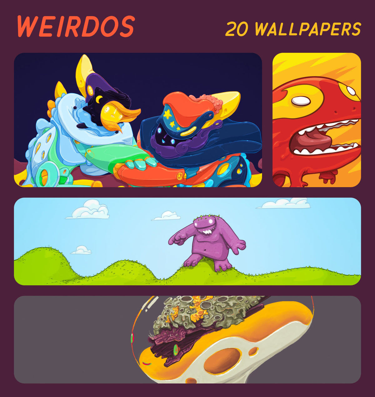 A promotional graphic for a wallpaper pack titled "WEIRDOS" with the text "20 WALLPAPERS" at the top. The design shows four rectangular wallpaper panels featuring colorful cartoon monsters and surreal scenes: two monsters embracing on the left, a close-up of a red monster face on the upper right, a purple monster standing on green hills under a blue sky in the middle, and a close-up of an orange-and-white abstract creature on the lower right.