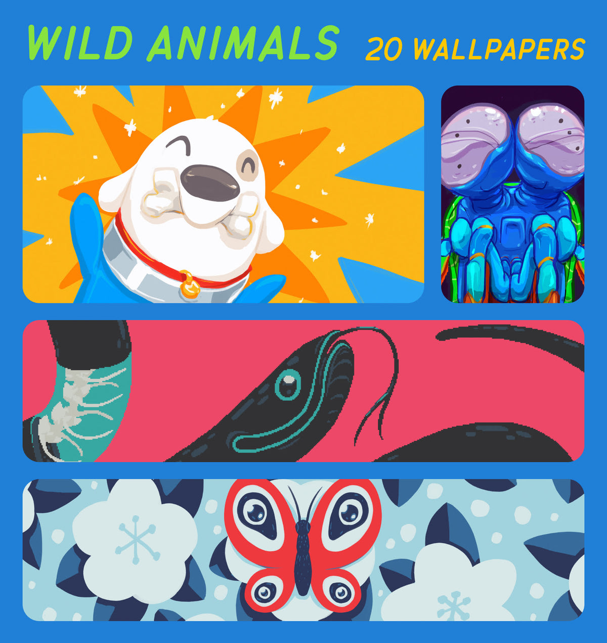 A promotional graphic for a wallpaper pack titled 'WILD ANIMALS 20 WALLPAPERS' on a bright blue background. It shows four sample wallpaper panels: a cartoon white dog on an orange burst, a blue insect design, a pink-and-black animal pattern, and a butterfly with floral motifs.