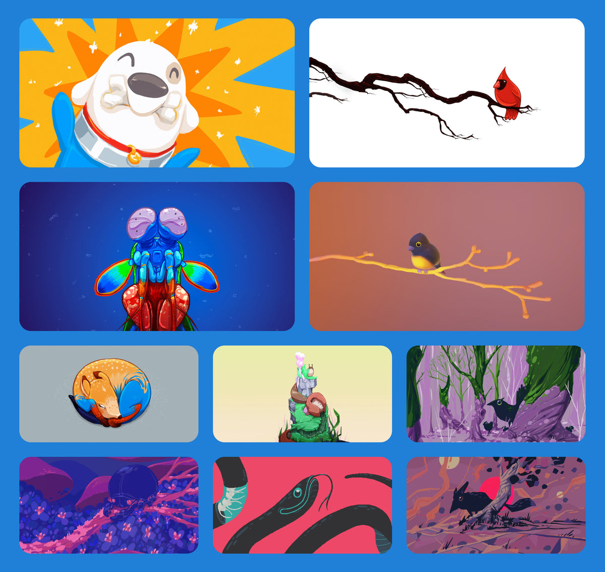 Preview grid of Wild Animals pack wallpapers, including Cardinal, Foal, Birb and Fox, a mantis shrimp and a black snake.