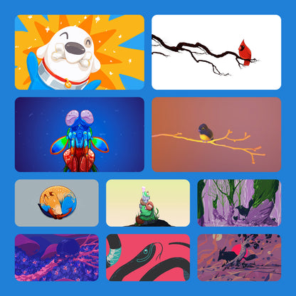 Preview grid of Wild Animals pack wallpapers, including Cardinal, Foal, Birb and Fox, a mantis shrimp and a black snake.